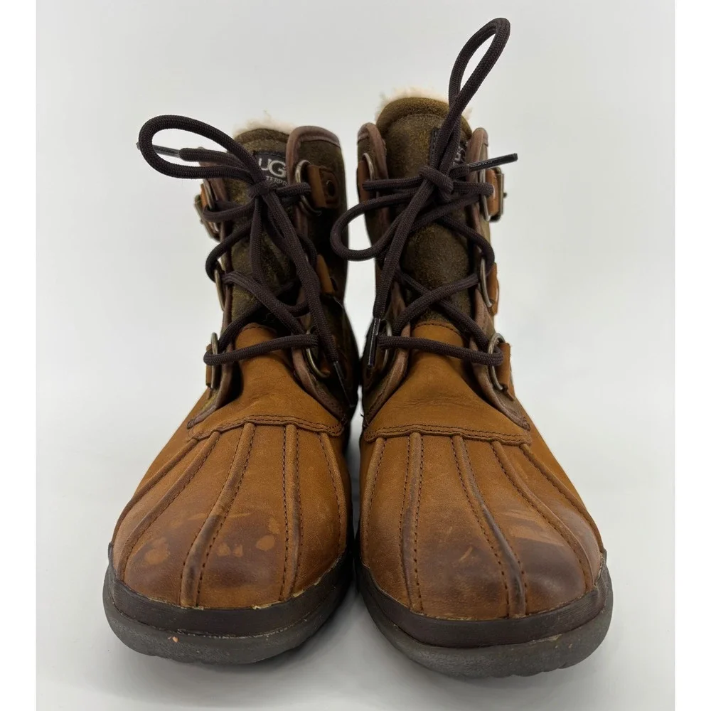UGG Cecile Waterproof Duck Boots Women's 8.5 Brown Leather Shearling Lined